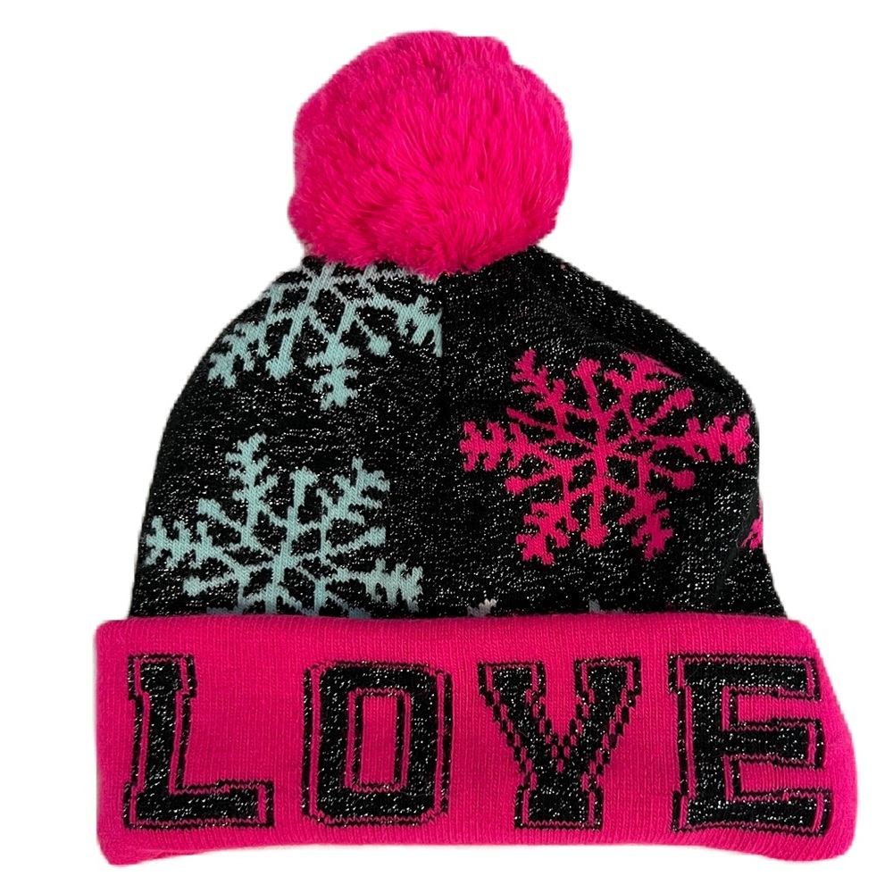 Girls Sparkly LOVE Pompom Sweater Hat